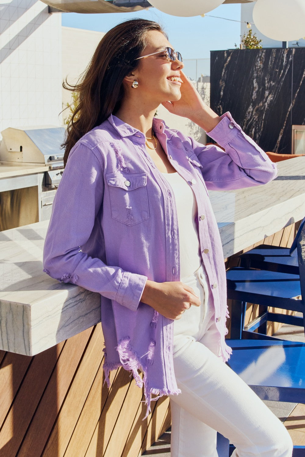 American Bazi Full Size Distressed Button Down Denim Jacket in Lavender-Teresa&#39;s Fashionista LLC