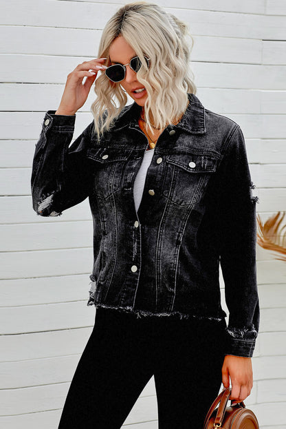 Distressed Raw Hem Denim Jacket-Teresa&#39;s Fashionista LLC