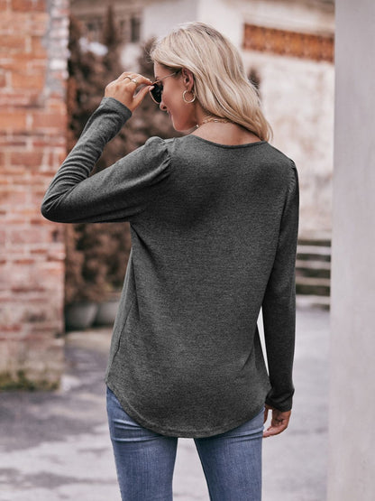 Pleated Detail Curved Hem Long Sleeve Top-Teresa&#39;s Fashionista LLC