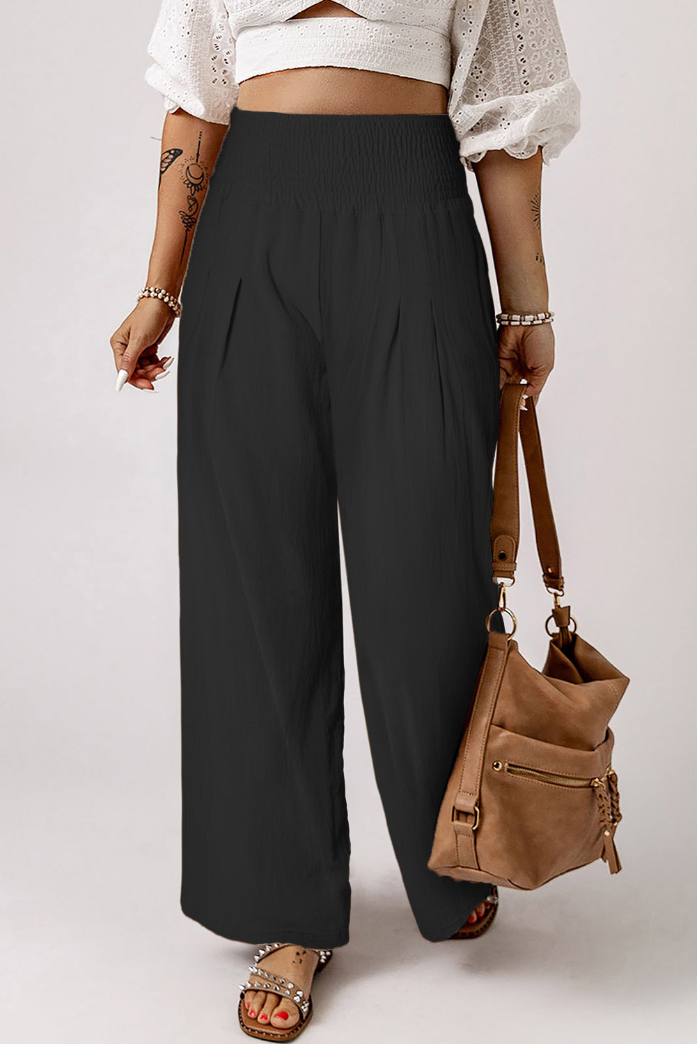 Smocked High Waist Wide Leg Pants-Teresa&#39;s Fashionista LLC