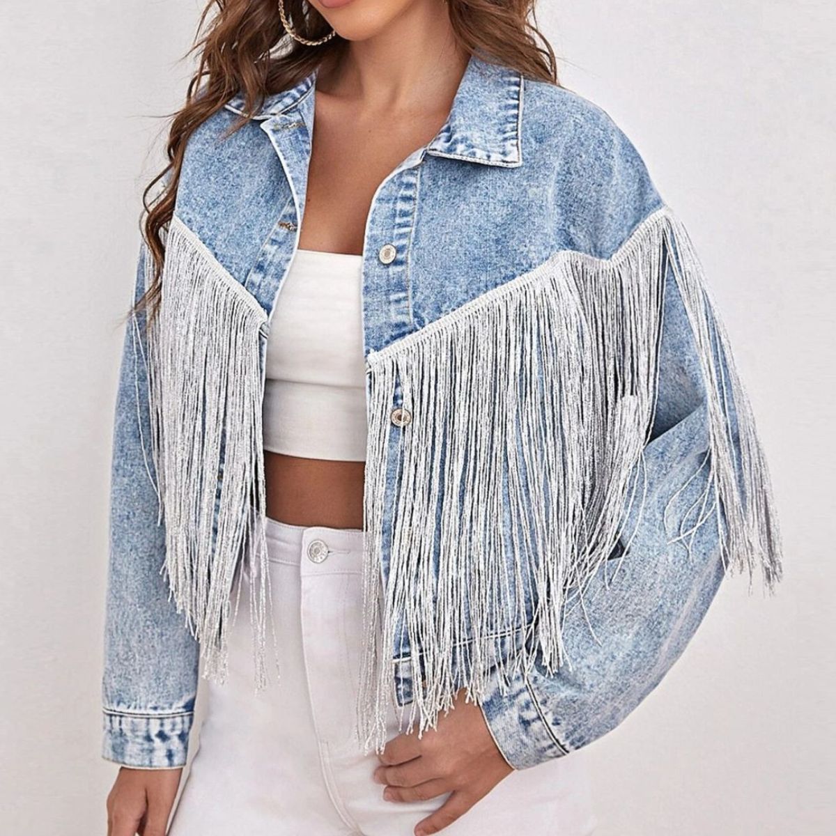 Fringe Detail Collared Neck Long Sleeve Denim Jacket-Teresa&#39;s Fashionista LLC