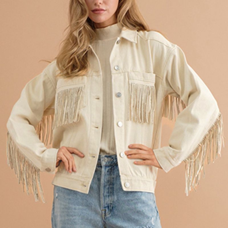 Fringe Detail Dropped Shoulder Denim Jacket-Teresa&#39;s Fashionista LLC