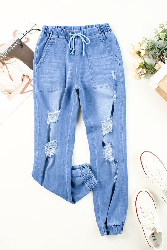 Distressed Denim Pocketed Joggers-Teresa&#39;s Fashionista LLC