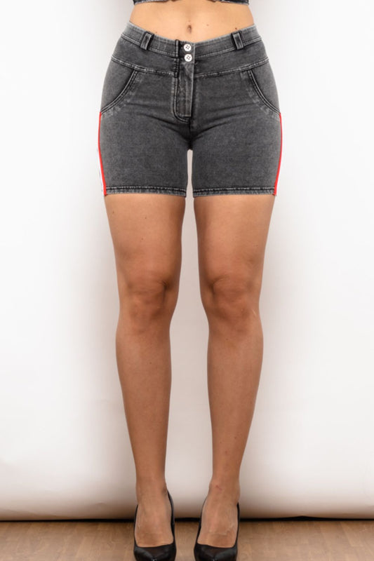 Full Size Side Stripe Buttoned Denim Shorts-Teresa&#39;s Fashionista LLC