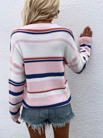 Striped Drop Shoulder Round Neck Pullover Sweater-Teresa&#39;s Fashionista LLC