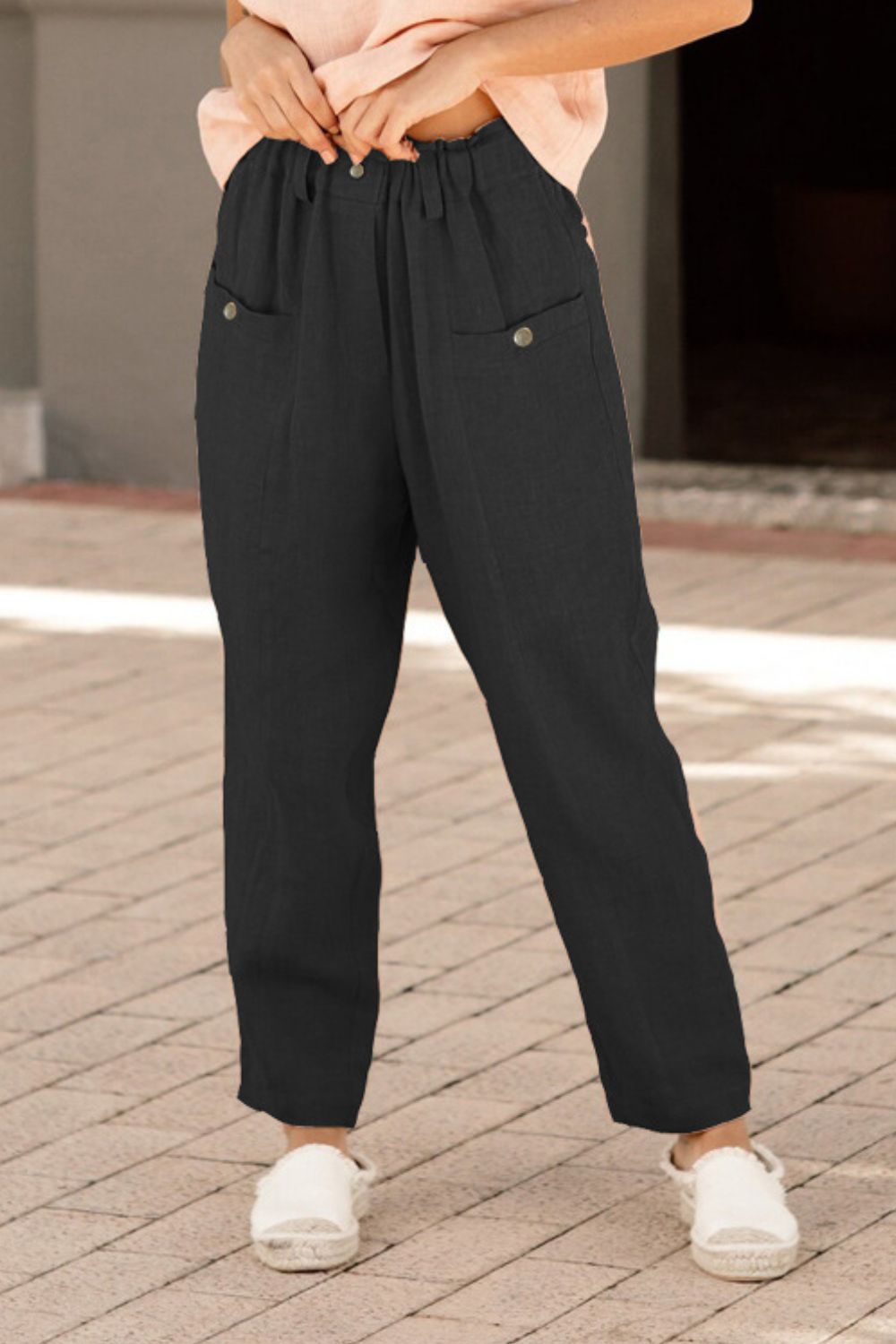 Button Detail Elastic Waist Pocket Pants-Teresa&#39;s Fashionista LLC