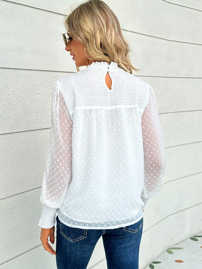 Swiss Dot Smocked Mock Neck Blouse-Teresa&#39;s Fashionista LLC