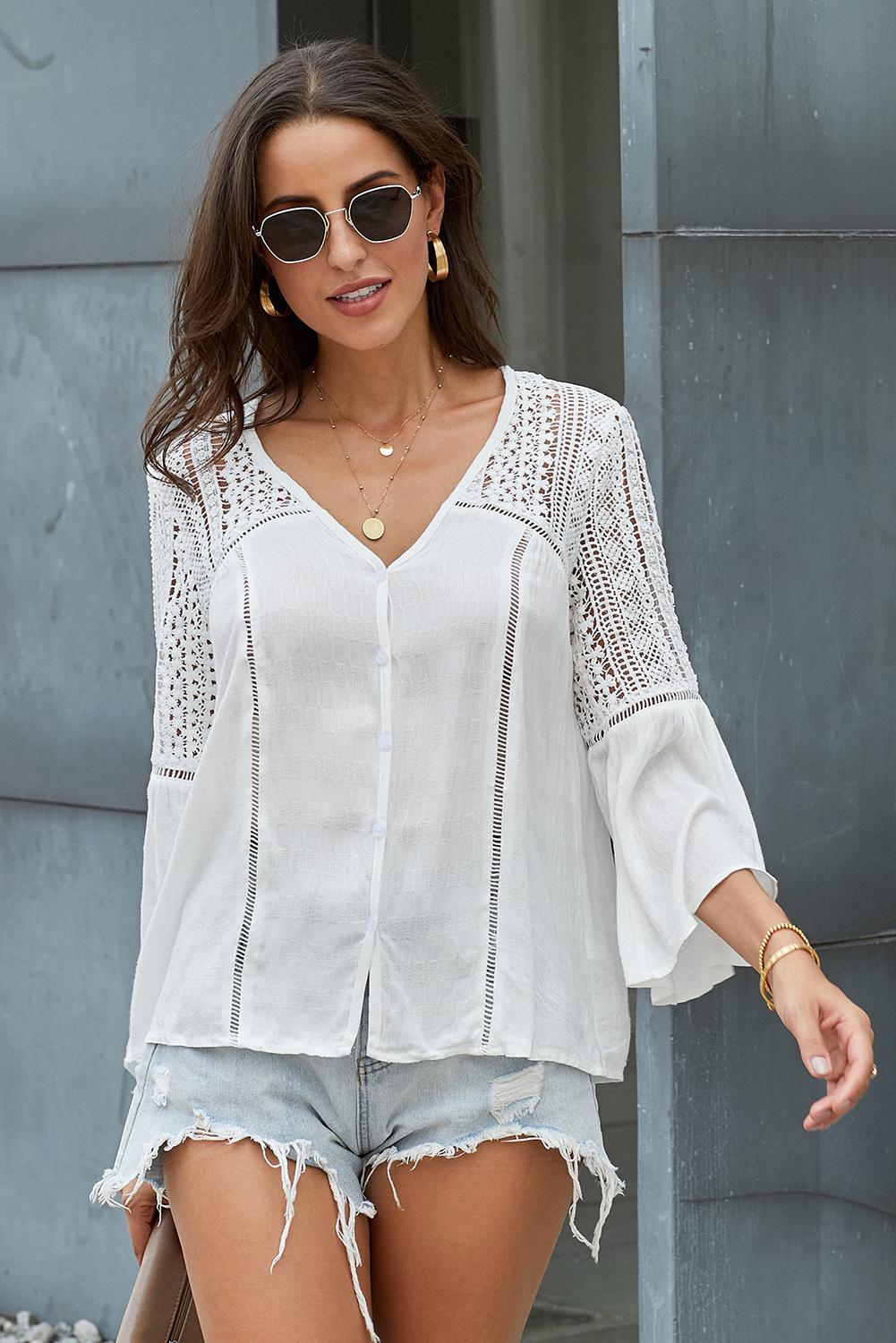 Flare Sleeve Spliced Lace V-Neck Shirt-Teresa&#39;s Fashionista LLC