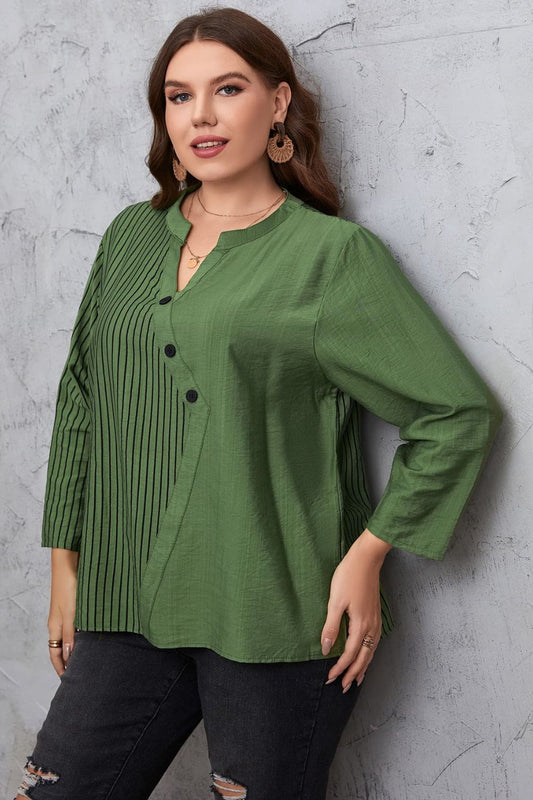 Plus Size Striped Notched Neck Top-Teresa&#39;s Fashionista LLC