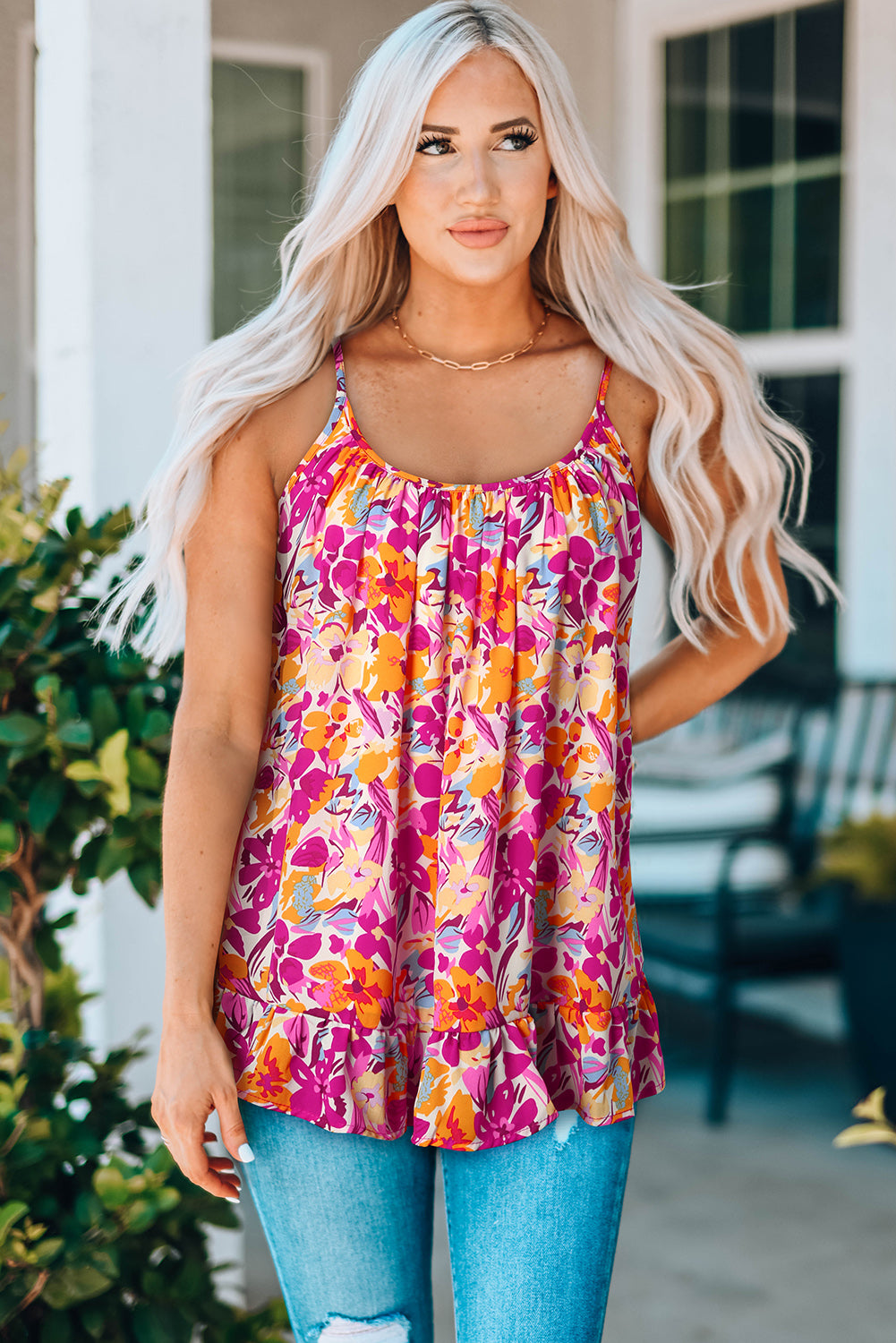 Floral Scoop Neck Ruffle Hem Cami-Teresa&#39;s Fashionista LLC