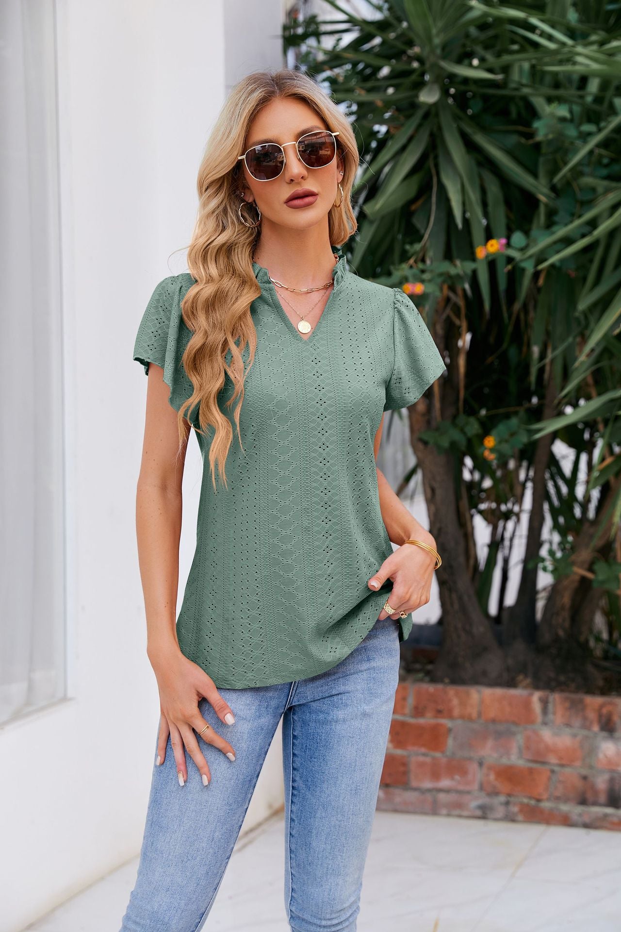 Notched Neck Puff Sleeve Blouse-Teresa&#39;s Fashionista LLC