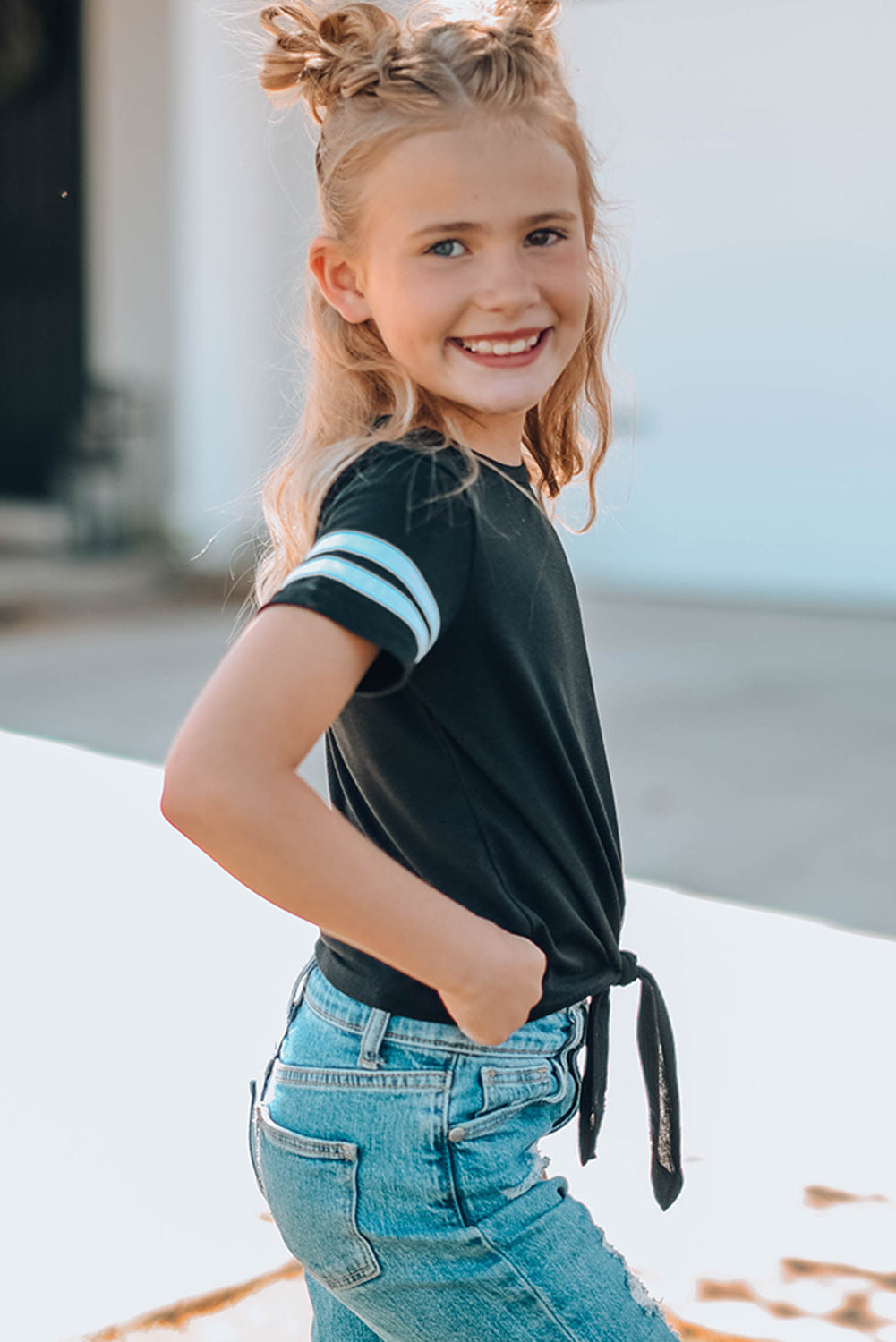 Girls Striped Tie Front T-Shirt-Teresa&#39;s Fashionista LLC