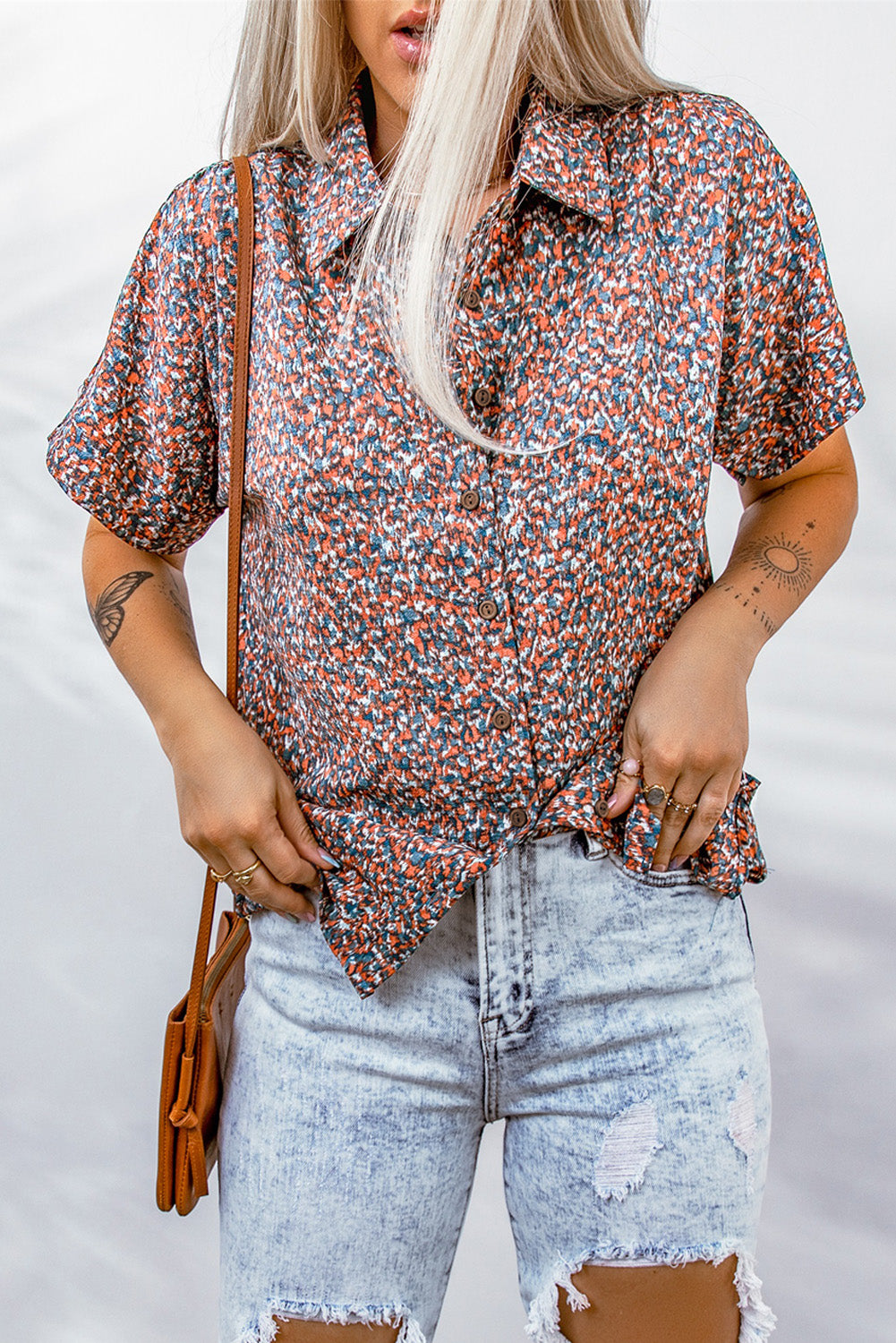 Ditsy Floral Button-Up Short Sleeve Shirt-Teresa&#39;s Fashionista LLC