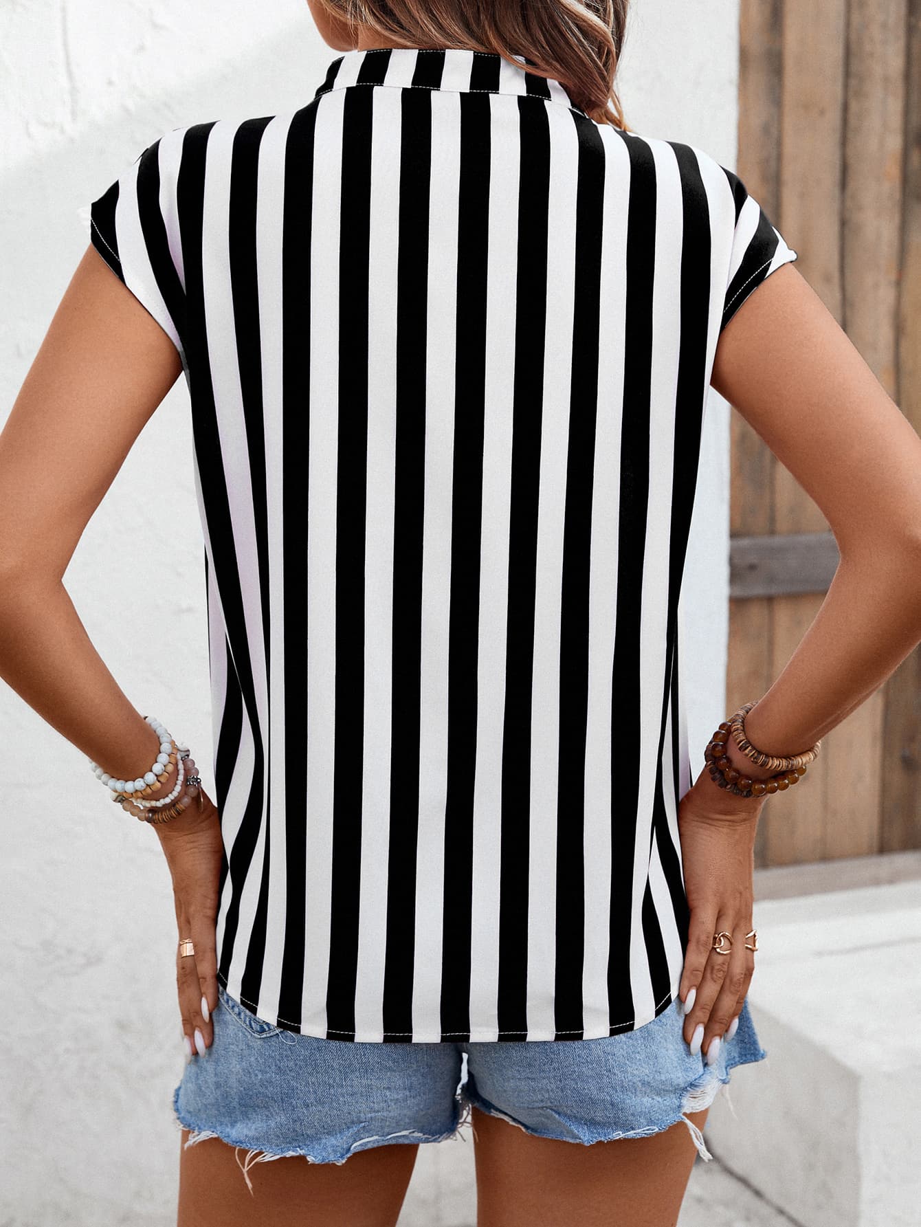 Striped Notched Neck Cap Sleeve Blouse-Teresa&#39;s Fashionista LLC