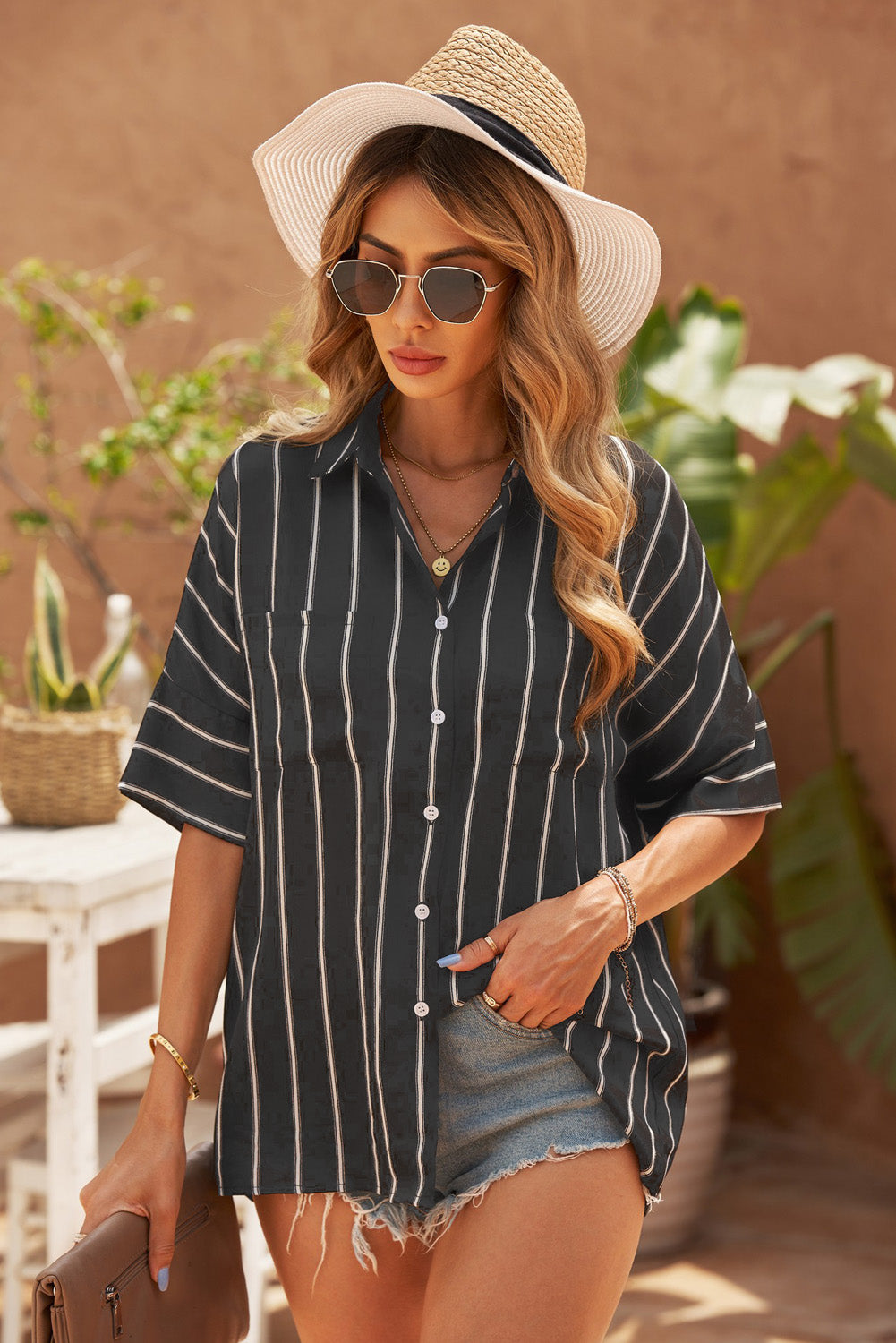 Striped Half Sleeve Collared Shirt-Teresa&#39;s Fashionista LLC