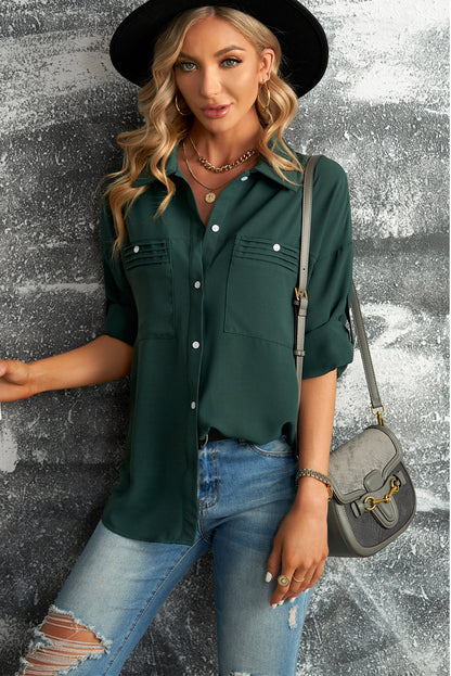 Button-Up Roll-Tab Sleeve Shirt-Teresa&#39;s Fashionista LLC