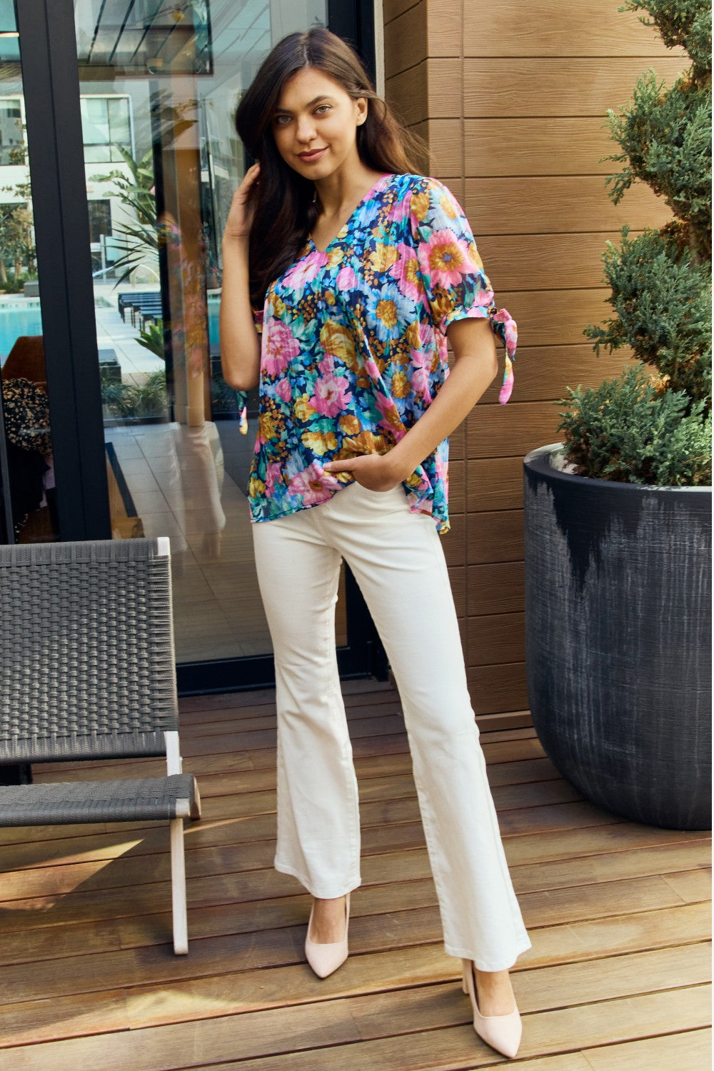 Petal Dew Full Size Floral V-Neck Tie Detail Blouse-Teresa&#39;s Fashionista LLC