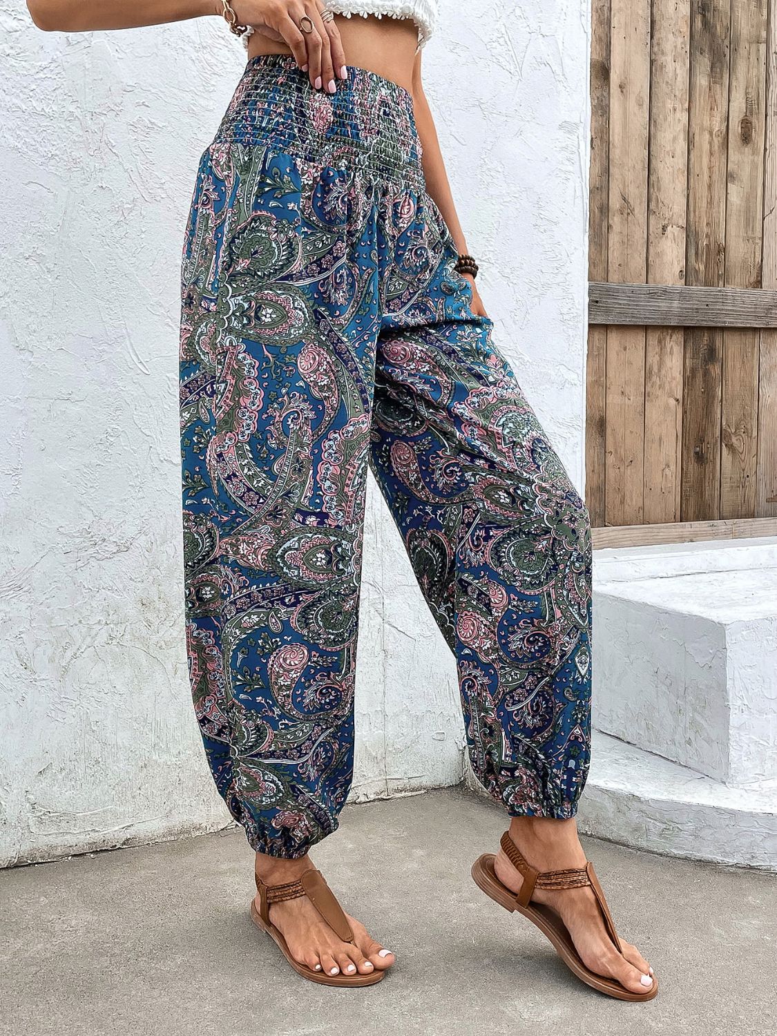 Printed Smocked Waist Pants-Teresa&#39;s Fashionista LLC