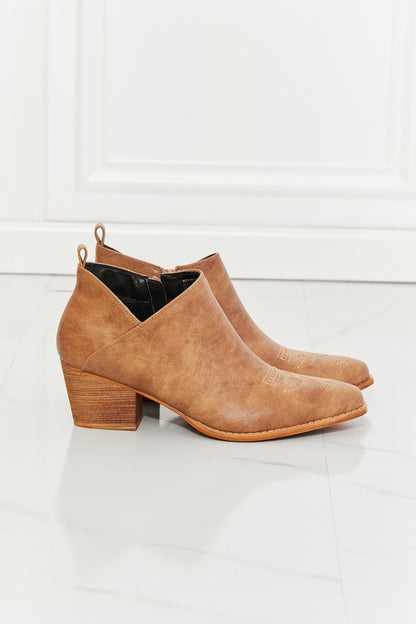 MMShoes Trust Yourself Embroidered Crossover Cowboy Bootie in Caramel-Teresa&#39;s Fashionista LLC