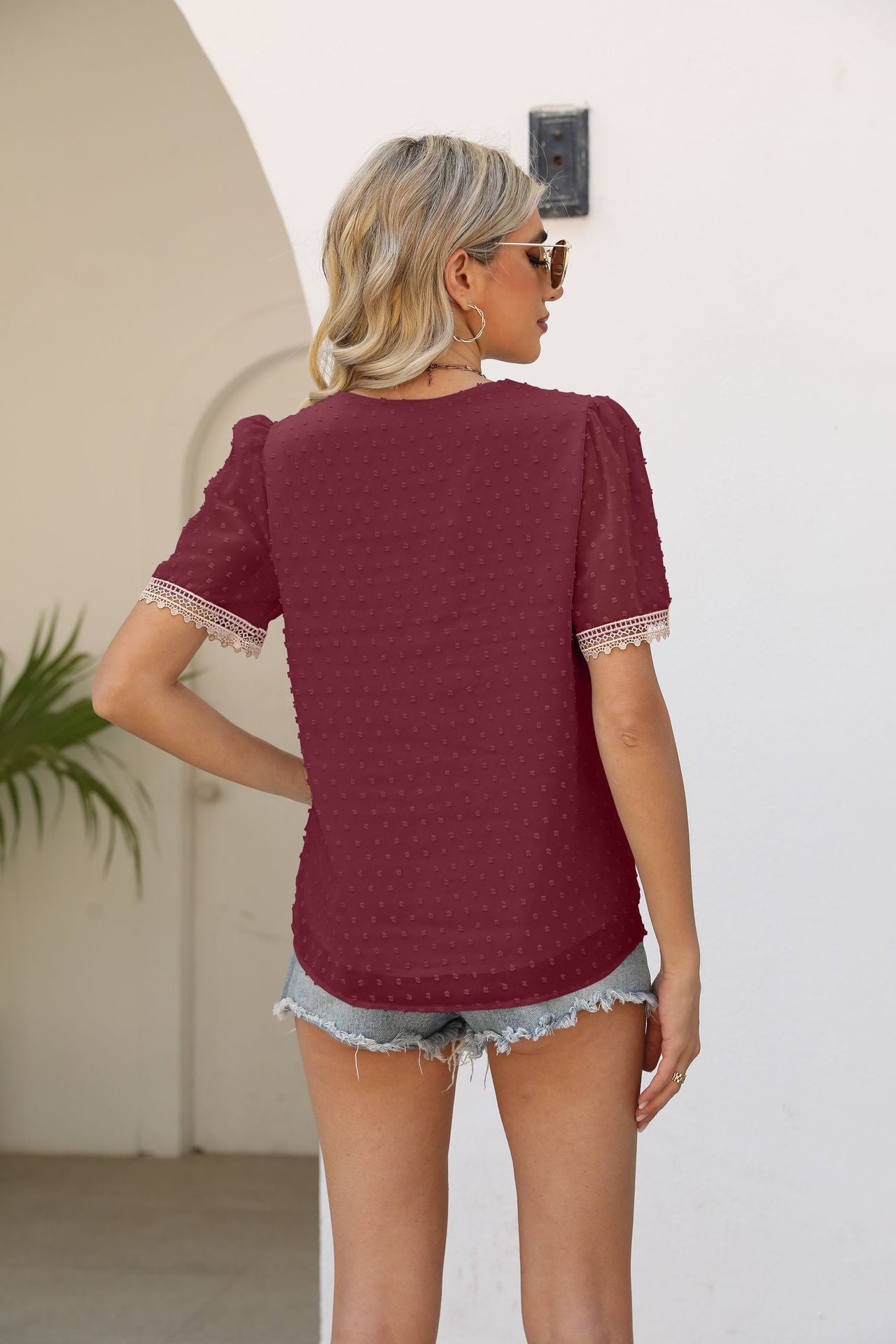 Contrast V-Neck Swiss Dot Top-Teresa&#39;s Fashionista LLC