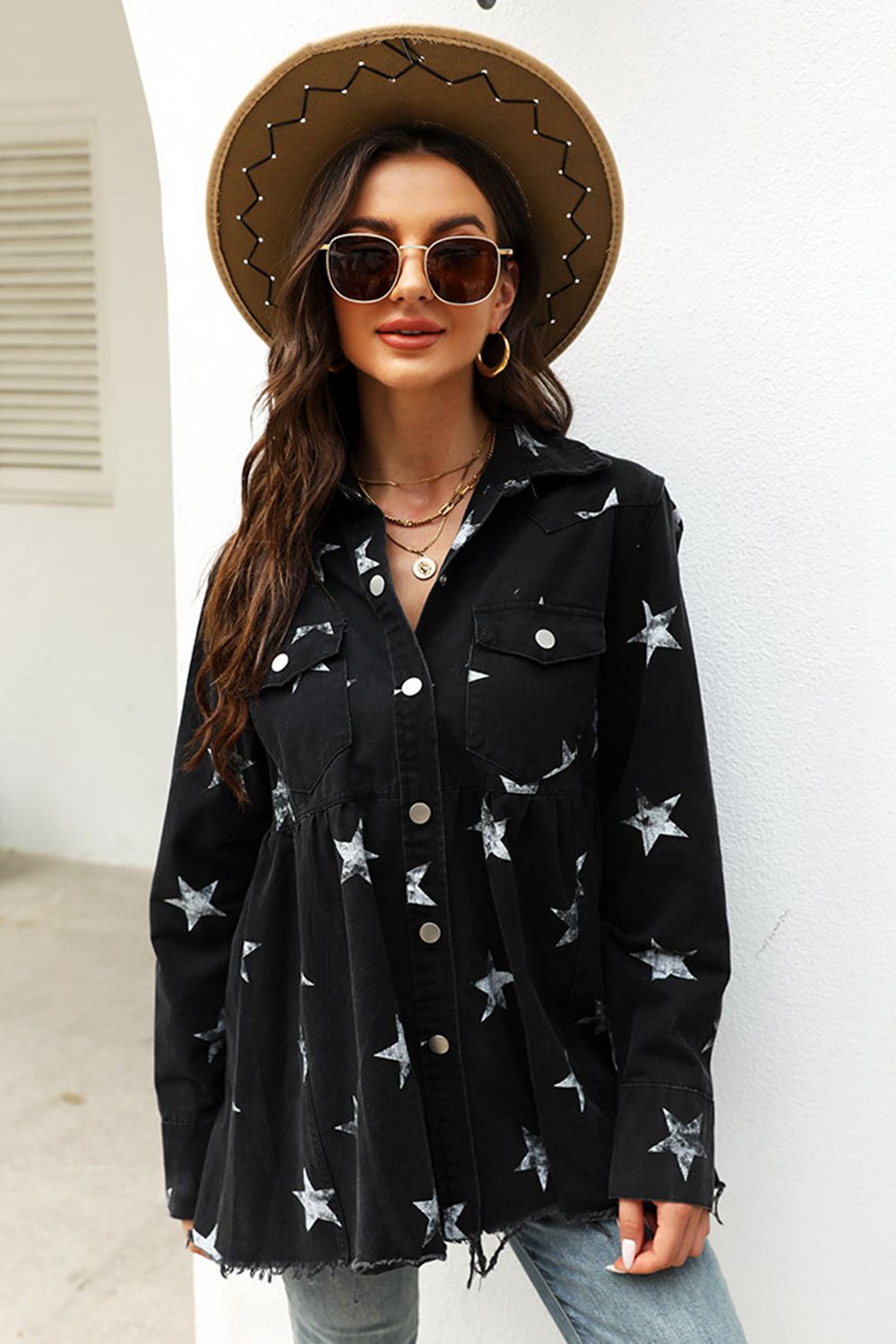 Collared Neck Star Print Long Sleeve Denim Jacket-Teresa&#39;s Fashionista LLC