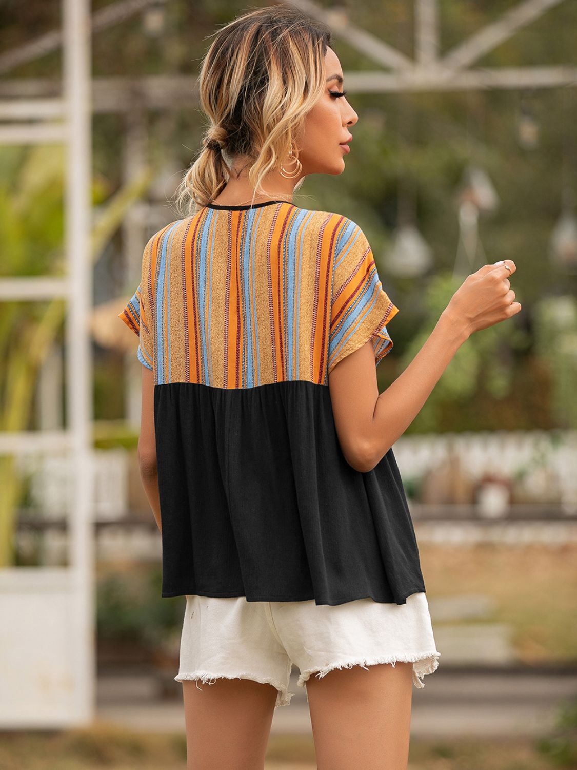 Striped Tie Neck Short Sleeve Blouse-Teresa&#39;s Fashionista LLC