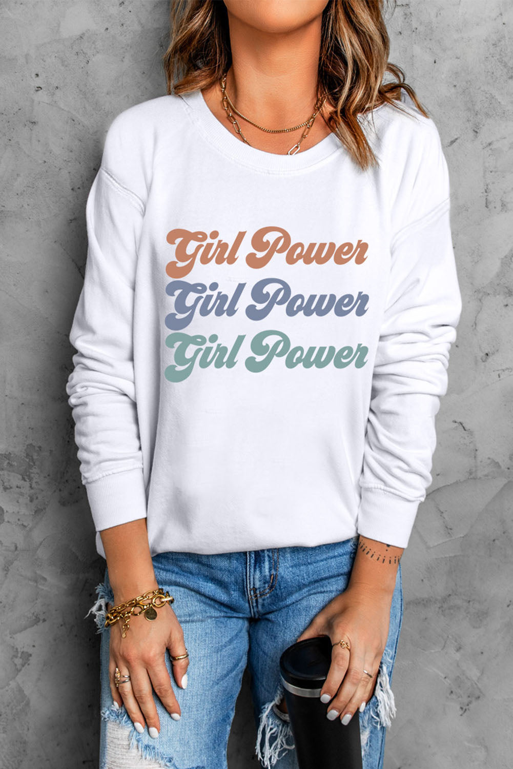 GIRL POWER Graphic Dropped Shoulder Sweatshirt-Teresa&#39;s Fashionista LLC