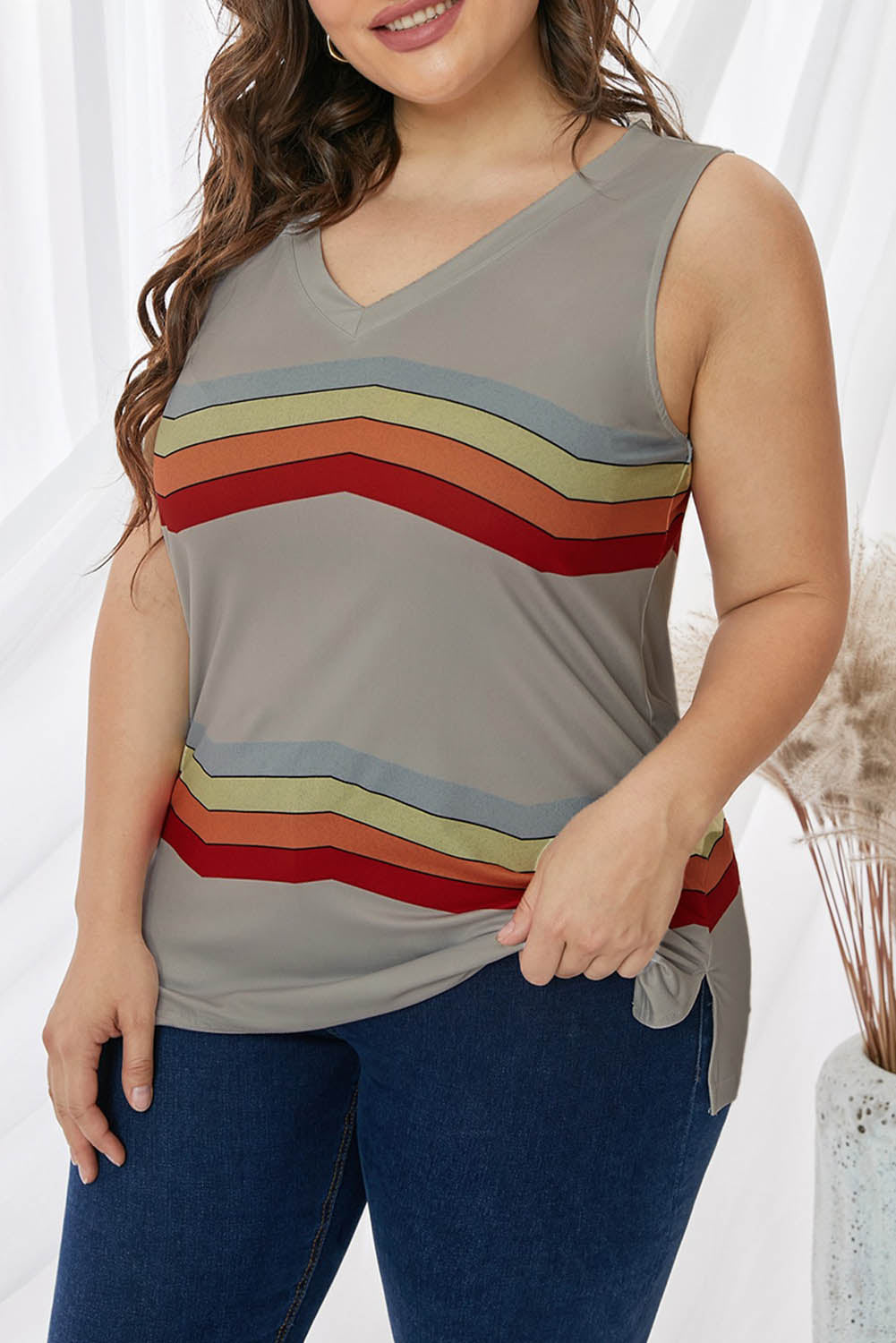 Plus Size Printed V-Neck Tank-Teresa&#39;s Fashionista LLC