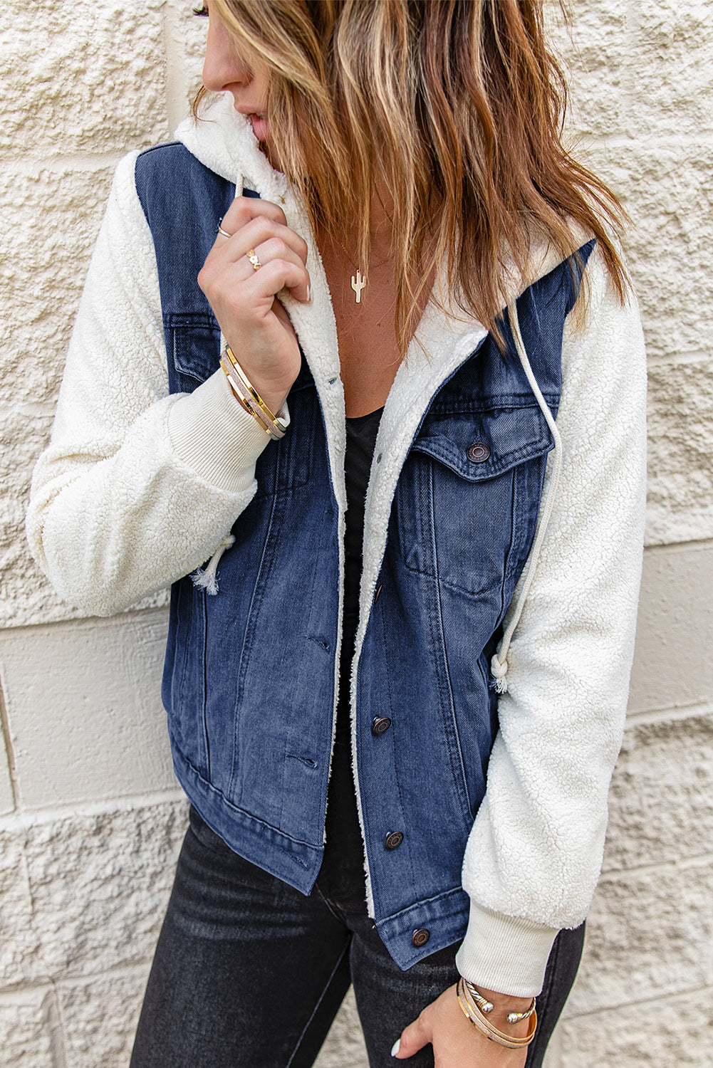 Two-Tone Spliced Denim Sherpa Hooded Jacket-Teresa&#39;s Fashionista LLC