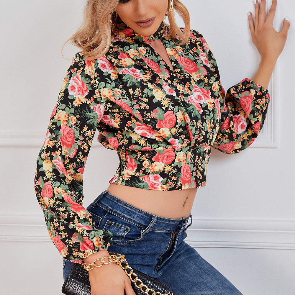 Cropped Floral Print Smocked Waist Blouse-Teresa&#39;s Fashionista LLC