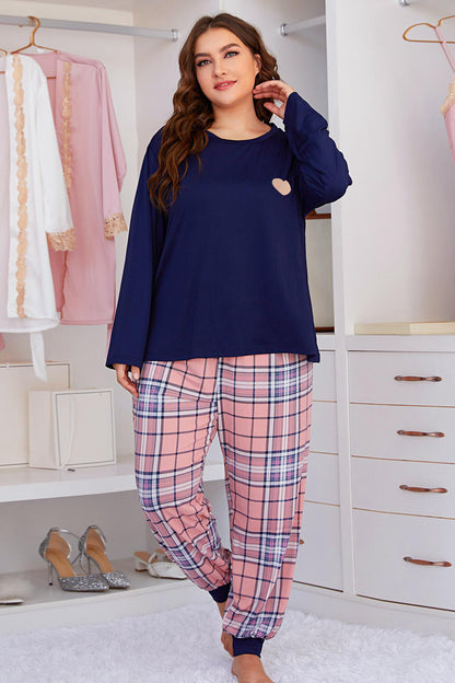 Plus Size Heart Graphic Top and Plaid Joggers Lounge Set-Teresa&#39;s Fashionista LLC