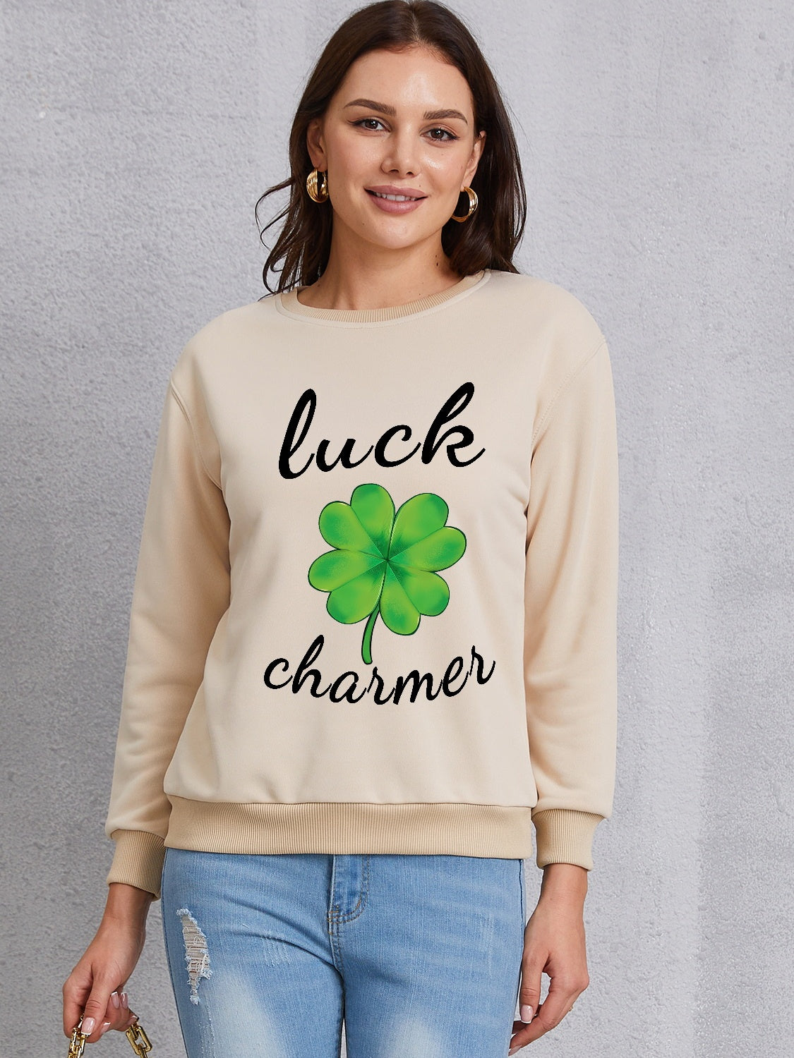 LUCK CHARMER Round Neck Sweatshirt-Teresa&#39;s Fashionista LLC