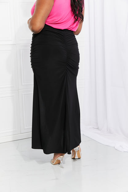 White Birch Full Size Up and Up Ruched Slit Maxi Skirt in Black-Teresa&#39;s Fashionista LLC