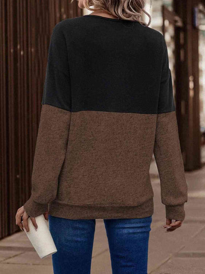 Two-Tone Crisscross Detail Sweatshirt-Teresa&#39;s Fashionista LLC