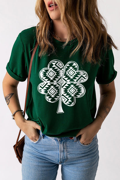 Lucky Clover Geometric Short Sleeve T-Shirt-Teresa&#39;s Fashionista LLC