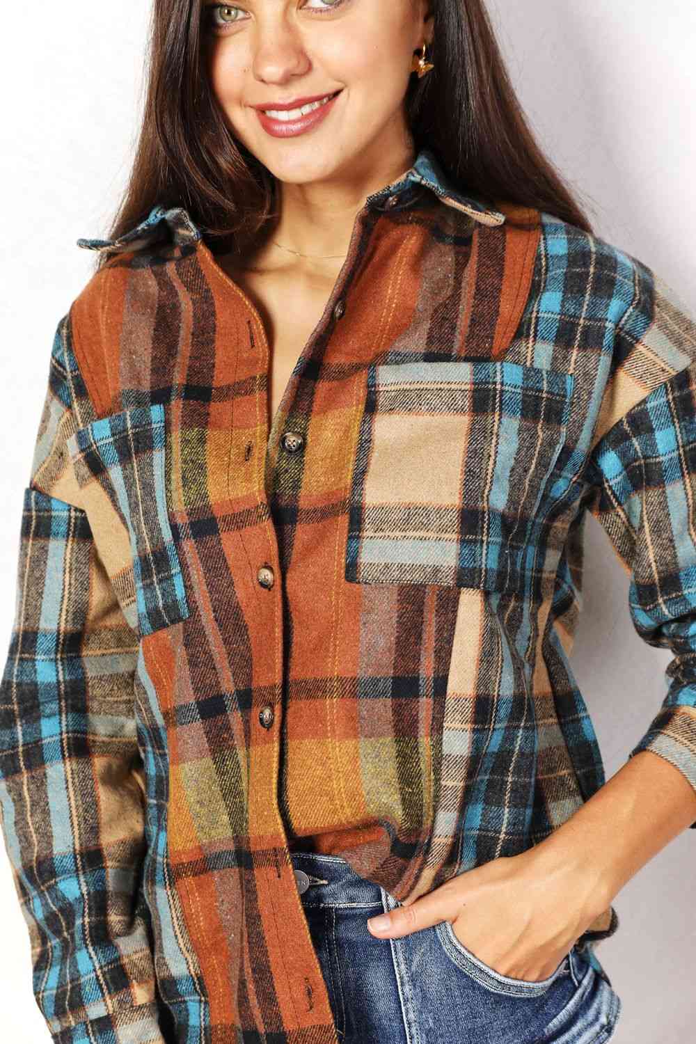 Double Take Plaid Curved Hem Shirt Jacket with Breast Pockets-Teresa&#39;s Fashionista LLC