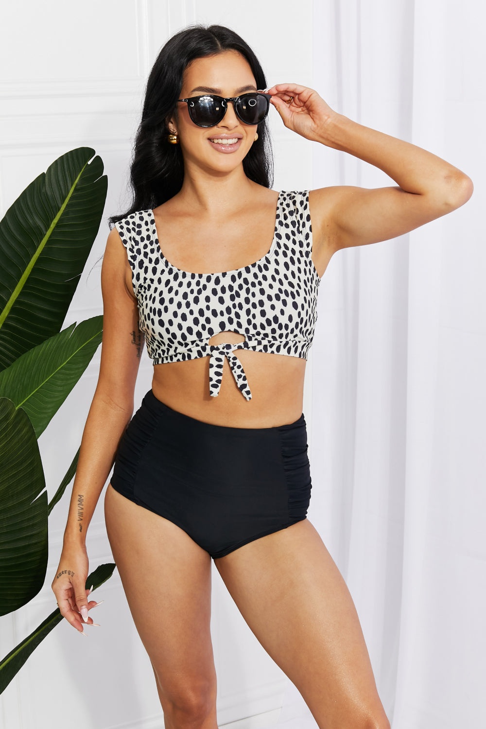 Marina West Swim Sanibel Crop Swim Top and Ruched Bottoms Set in Black-Teresa&#39;s Fashionista LLC