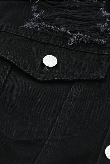 Distressed Button-Up Denim Jacket with Pockets-Teresa&#39;s Fashionista LLC