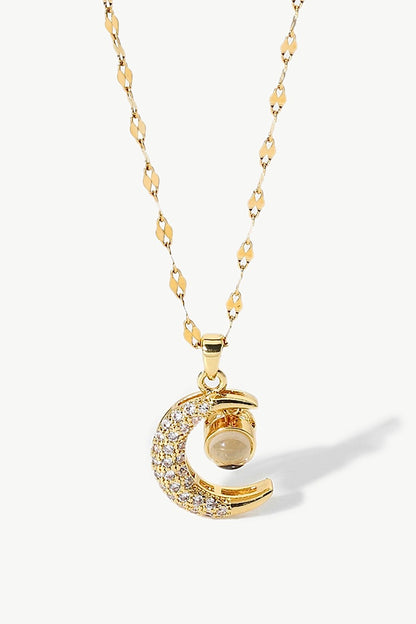 Inlaid Cubic Zirconia Moon Pendant Necklace-Teresa&#39;s Fashionista LLC