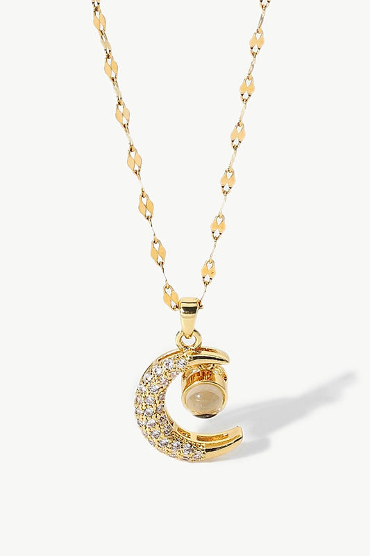 Inlaid Cubic Zirconia Moon Pendant Necklace-Teresa&#39;s Fashionista LLC