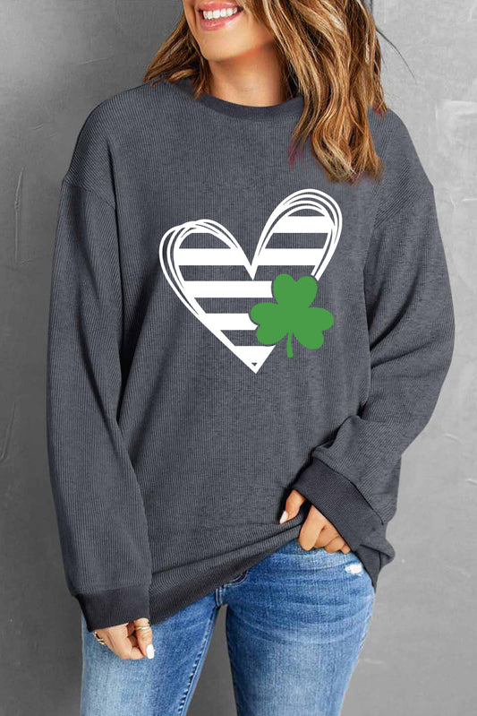 Heart Lucky Clover Round Neck Dropped Shoulder Sweatshirt-Teresa&#39;s Fashionista LLC