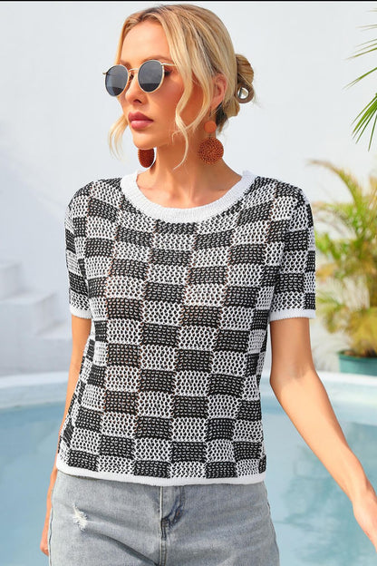 Checkered Short Sleeve Knit Top-Teresa&#39;s Fashionista LLC