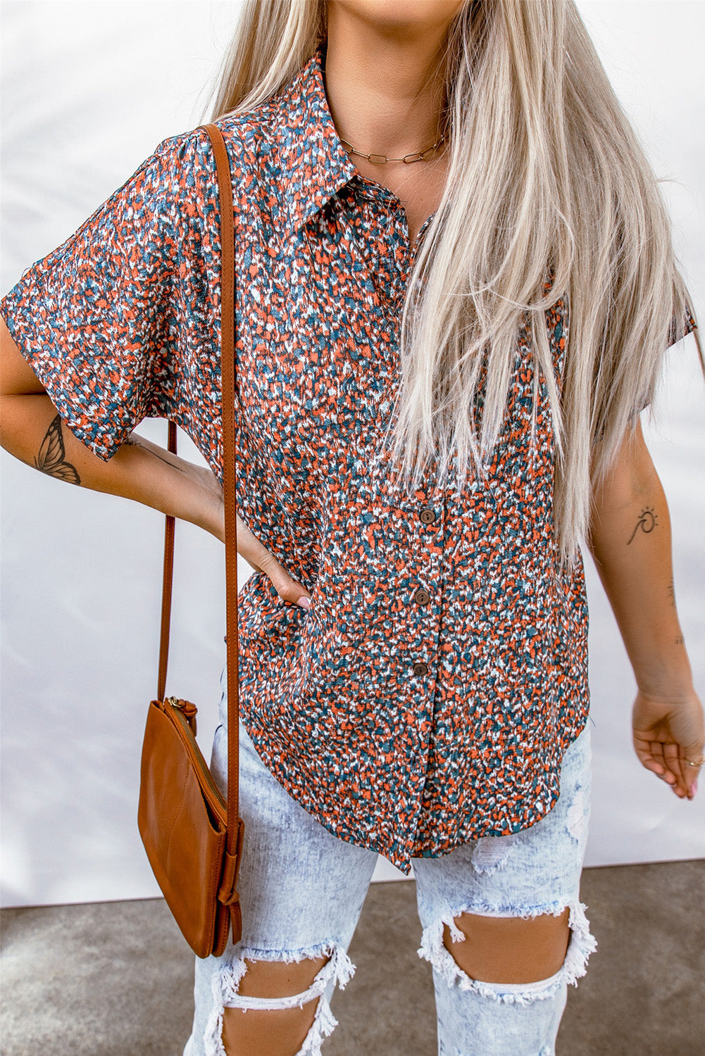 Ditsy Floral Button-Up Short Sleeve Shirt-Teresa&#39;s Fashionista LLC