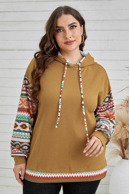 Plus Size Printed Side Slit Waffle-Knit Hoodie-Teresa&#39;s Fashionista LLC