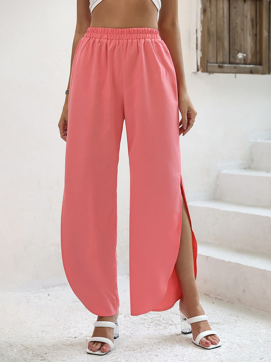 Elastic Waist Slit Wide Leg Pants-Teresa&#39;s Fashionista LLC