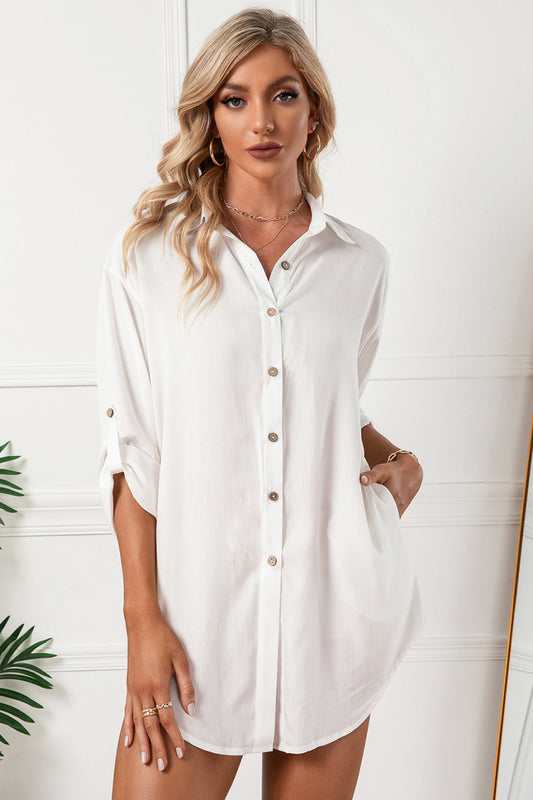 Solid Button Up Drop Shoulder Blouse-Teresa&#39;s Fashionista LLC