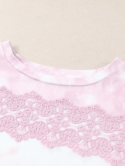 Tie-Dye Lace Trim Round Neck Top-Teresa&#39;s Fashionista LLC