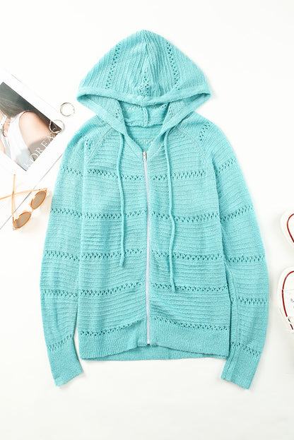 Zip-Up Raglan Sleeve Openwork Hooded Cardigan-Teresa&#39;s Fashionista LLC