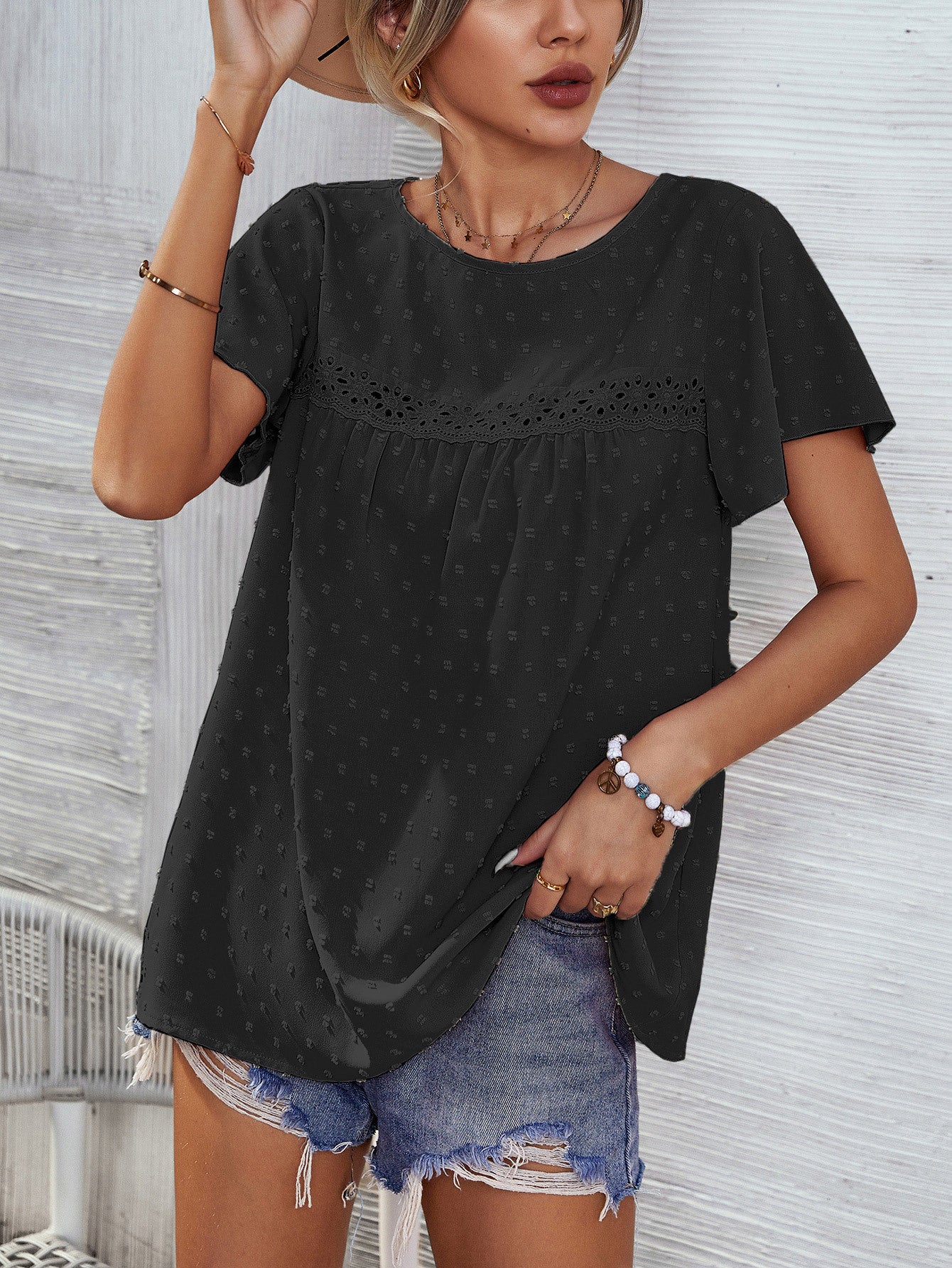 Swiss Dot Round Neck Flutter Sleeve Blouse-Teresa&#39;s Fashionista LLC