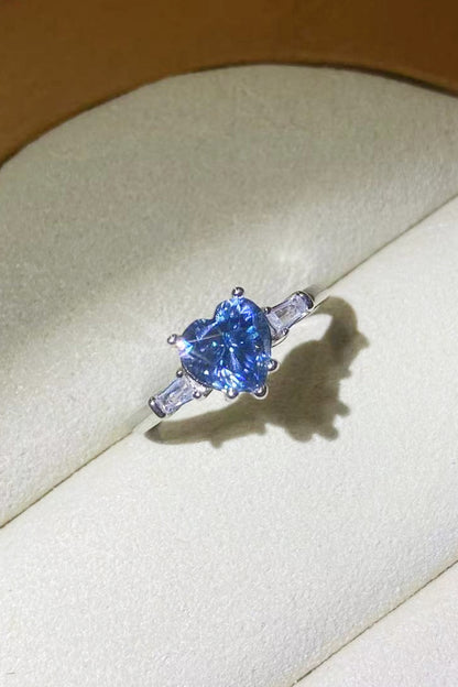 1 Carat Moissanite Heart-Shaped Platinum-Plated Ring in Blue-Teresa&#39;s Fashionista LLC